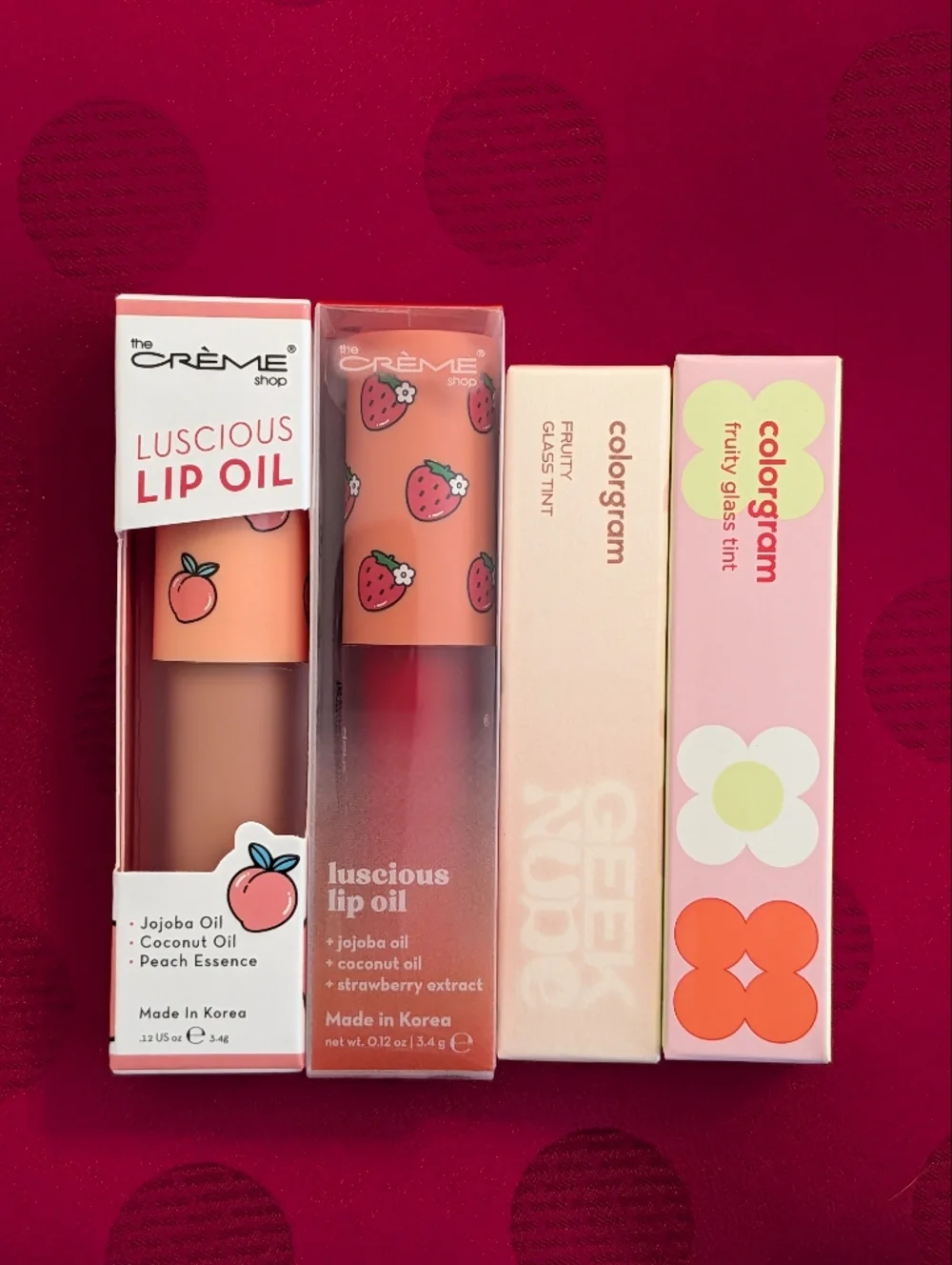 2 Colorgram Fruity Glass Tint + 2 The Crème Shop Luscious Lip Oil Bundle